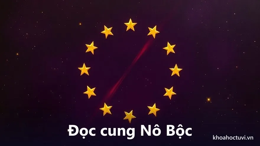 Sơ đồ lá số 12 cung với cung Nô Bộc nổi bật giữa những tia sáng đỏ và bóng tối vây quanh, vài ngôi sao ám màu, trên nền trời tím thẫm, tranh sơn dầu, minh họa cách xem tiểu nhân trong tử vi