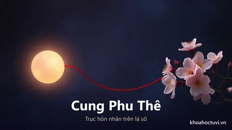 Sơ đồ cung Phu Thê và các cung liên đới trong tử vi với sợi tơ hồng nối hai vầng sáng