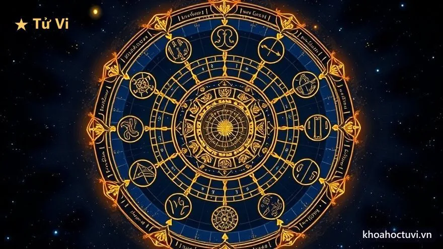 Sơ đồ tròn 12 cung của lá số Tử Vi phát sáng vàng trên nền vũ trụ xanh, mỗi cung một lĩnh vực đời sống