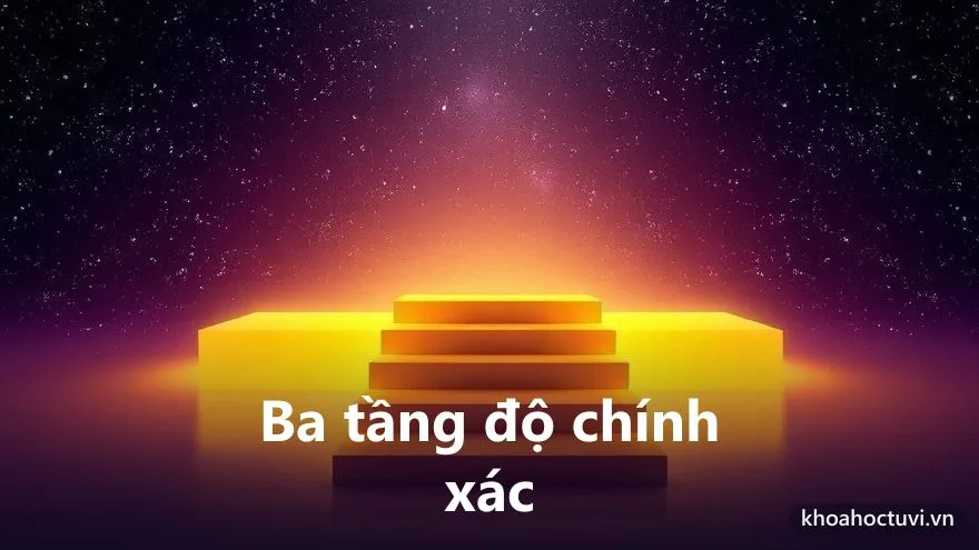 Ba bậc thang ánh sáng vàng dẫn lên cao trong không gian sao, mỗi bậc một sắc độ khác nhau — ba tầng độ chính xác của tử vi từ dữ liệu, an sao đến luận giải