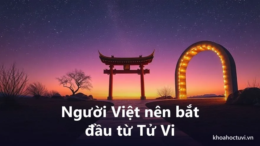 Một con đường lát đá chia đôi dưới bầu trời đêm, một nhánh dẫn tới cổng khắc 12 cung Tử Vi, nhánh kia dẫn tới cổng khắc vòng hoàng đạo — chọn lối bắt đầu giữa tử vi và chiêm tinh