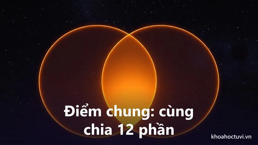 Hai vòng tròn giao nhau kiểu biểu đồ Venn dưới nền sao đêm, phần giao ở giữa sáng vàng ghi con số 12 — điểm chung giữa tử vi và chiêm tinh là cùng chia đời người thành 12 phần