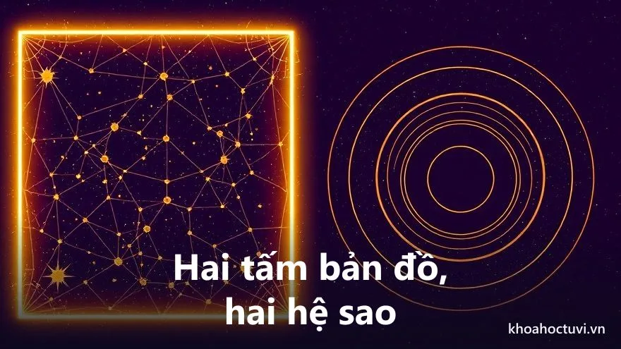 Bên trái một lá số tử vi vuông 12 cung phát sáng vàng, bên phải một bản đồ sao chiêm tinh tròn với các ký hiệu hành tinh, ngăn cách bằng dải ngân hà — tử vi và chiêm tinh là hai bản đồ đời người