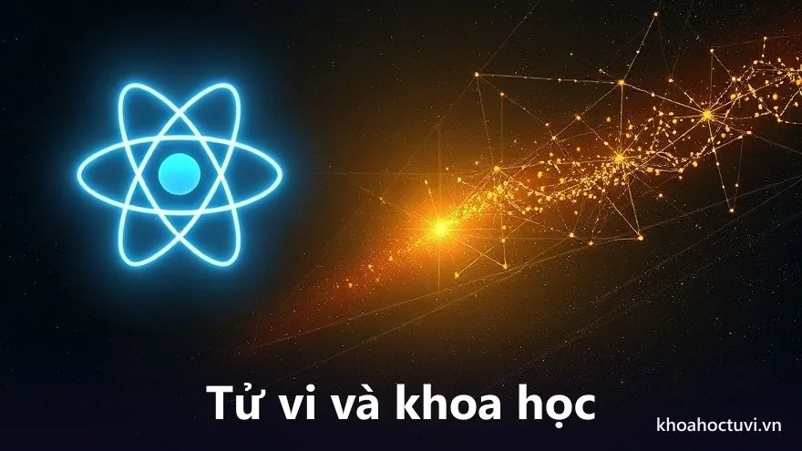 Bên trái một biểu tượng nguyên tử phát sáng xanh, bên phải một chòm sao vàng, nối nhau bằng một cây cầu ánh sáng trên nền vũ trụ — tử vi và khoa học là hai cách nhìn khác nhau về con người