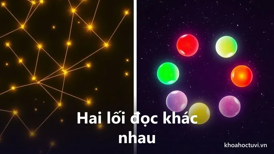 Bên trái các ngôi sao vàng nối nhau bằng đường sáng, bên phải năm quả cầu màu xanh lá, đỏ, vàng, trắng và xanh dương xếp vòng theo chiều tương sinh — hai lối đọc của tử vi và tứ trụ