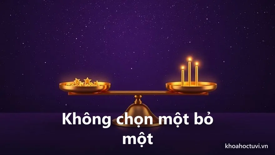 Một chiếc cân vàng thăng bằng dưới bầu trời sao, một đĩa mang chùm sao, đĩa kia mang bốn cột sáng ngũ hành — tử vi và tứ trụ không loại trừ mà bổ sung cho nhau
