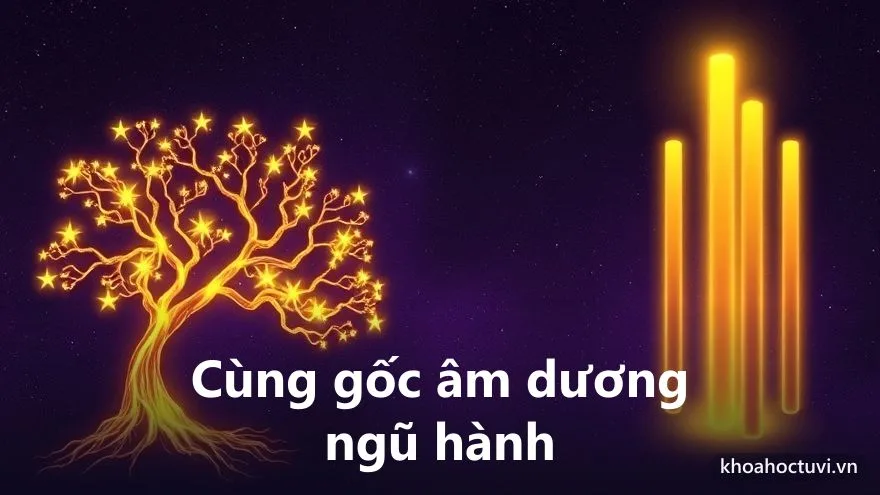 Hai cây ánh sáng vàng mọc lên từ chung một bộ rễ năng lượng, một cây kết thành chùm sao, cây kia vươn thành bốn cột sáng — tử vi và tứ trụ cùng chung gốc âm dương ngũ hành