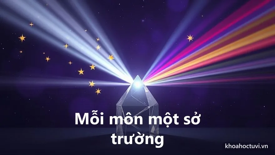 Một lăng kính pha lê tách một tia sáng trắng thành hai chùm: một chùm kết thành các ngôi sao, chùm kia tỏa ra năm sắc ngũ hành — ưu nhược điểm bổ khuyết của tử vi và tứ trụ