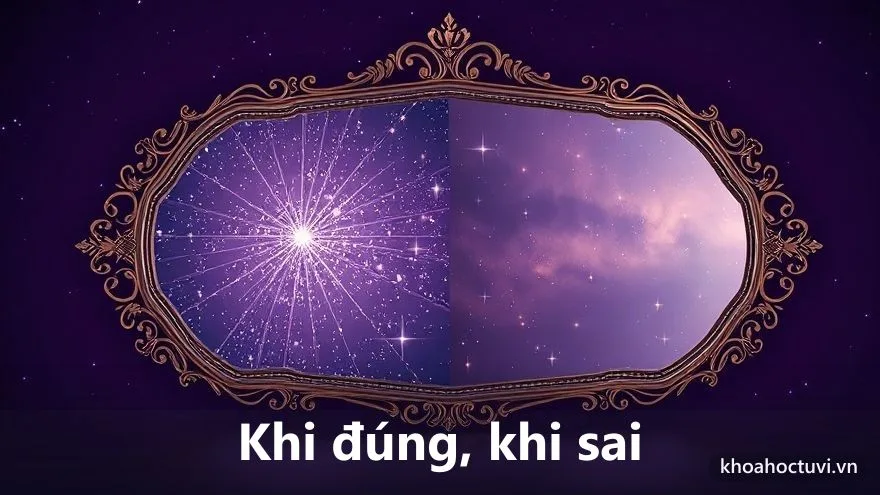 Một tấm gương mờ phản chiếu ánh sao, một nửa rõ nét một nửa nhòe đi trên nền vũ trụ tím — vì sao tử vi khi thì đúng đến rợn người khi lại sai lệch