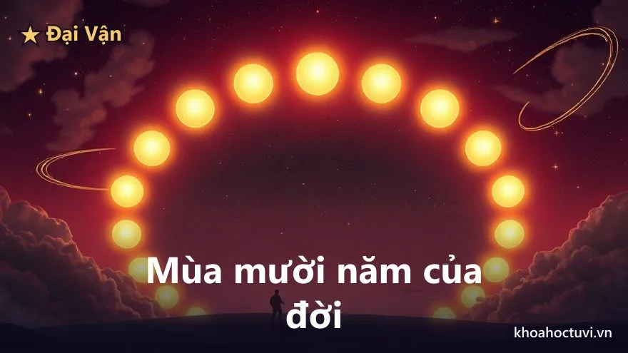 Một vòng tròn lớn chia thành các cung, mỗi cung sáng tối khác nhau tượng trưng một chặng mười năm, với một dáng người bước đi dọc theo vòng trên nền trời tím — biểu tượng Đại Vận là mùa mười năm của đời trong tử vi