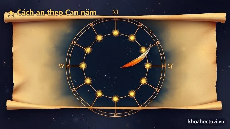 Cuộn thư cổ và cây bút lông phát sáng trên bản đồ sao với vòng điểm sáng vàng — cách an Văn Xương, Văn Khúc theo Can năm