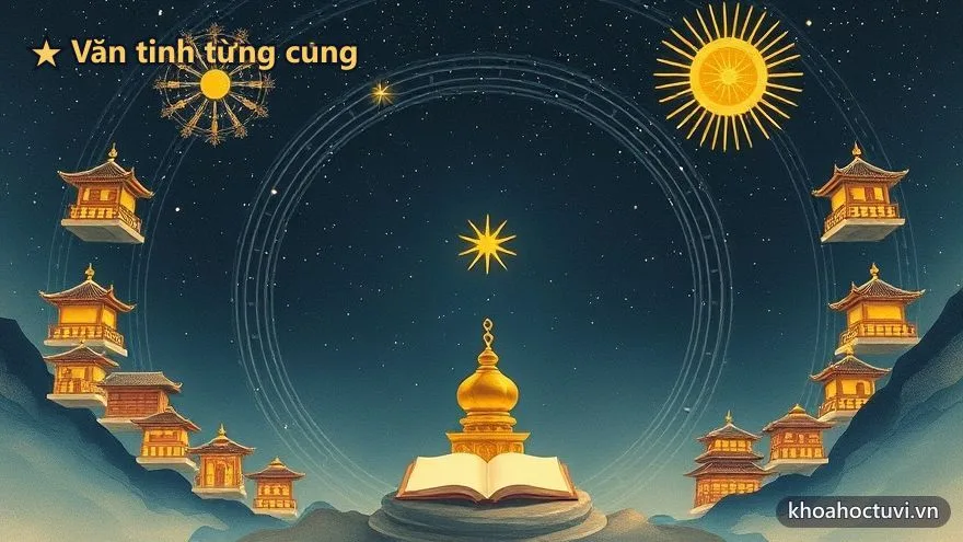 Mười hai cung điện vàng xếp vòng quanh cuốn sách mở và ngôi sao sáng — hai văn tinh chiếu vào từng cung lá số