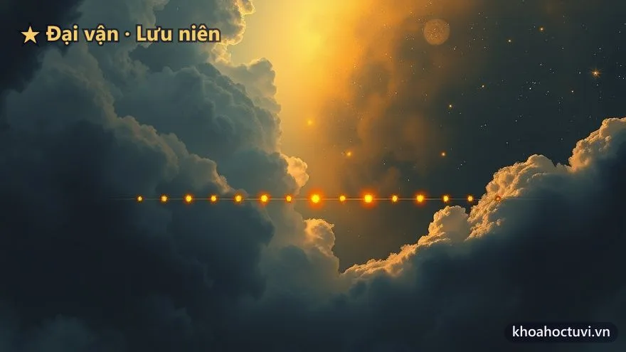 Bầu trời chia hai nửa mây giông tối và nắng vàng ấm, một hàng sao sáng bắc ngang như dòng thời gian — vòng Thái Tuế theo đại vận và lưu niên