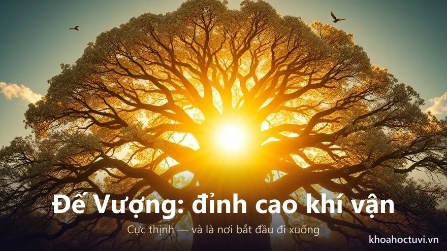 Cây cổ thụ tán vàng rực dưới mặt trời đỉnh ngọ — giai đoạn Đế Vượng của vòng Tràng Sinh