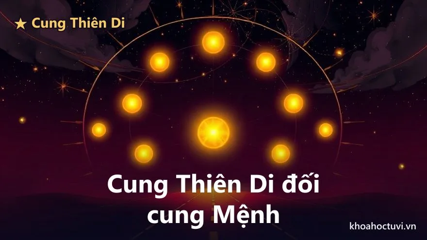 Sơ đồ lá số 12 cung với ô cung Thiên Di phát sáng vàng ở thế đối diện cung Mệnh, giữa hai cung là một con đường sáng dẫn ra xa, trên nền trời tím — minh họa cách xem xuất ngoại trong tử vi qua cung Thiên Di