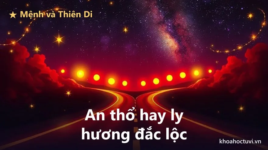 Hai con đường sáng vàng rẽ đôi dưới trời sao tím, một đường vòng về ngôi nhà ấm áp, một đường vươn tới chân trời xa rực sáng, tượng trưng hai kiểu người an thổ và ly hương đắc lộc khi xem xuất ngoại trong tử vi