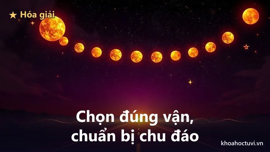 Một con đường sáng vàng vượt qua vùng sương mù tối rồi dẫn tới chân trời rực rỡ trên nền trời tím, tượng trưng cách hóa giải cung Thiên Di xấu và chuẩn bị chu đáo cho những chuyến đi xa trong tử vi