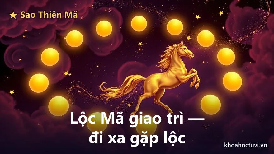 Một con ngựa vàng đang phi nước đại cõng theo những đồng tiền vàng phát sáng băng qua bầu trời tím đầy sao, biểu tượng sao Thiên Mã gặp Lộc tạo cách Lộc Mã giao trì trong tử vi — càng đi xa càng phát