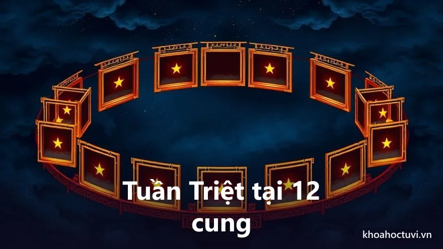 Bàn tử vi mười hai cung với tấm màn sương phủ lên vài cung, minh họa Tuần Triệt tác động khác nhau tùy cung