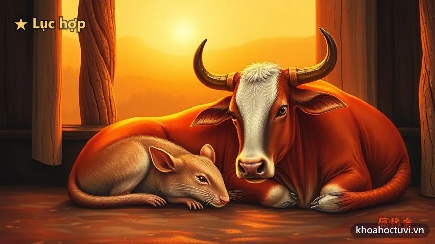 Chuột và Trâu nằm sát bên nhau trong chuồng ấm lúc bình minh — cặp lục hợp Tý Sửu