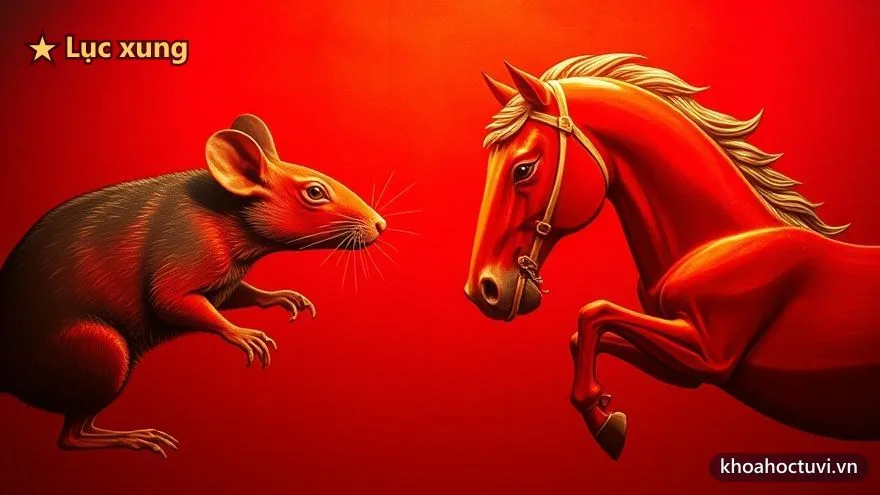 Chuột và Ngựa đối mặt căng thẳng qua vệt sáng chia đôi — cặp lục xung Tý Ngọ