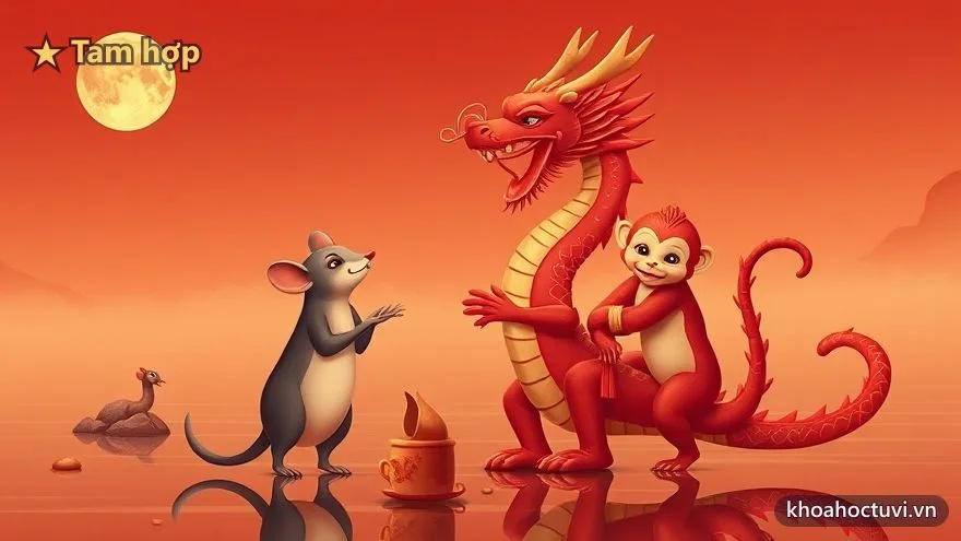 Chuột, Rồng và Khỉ quây quần bên hồ dưới trăng — nhóm tam hợp Thân Tý Thìn