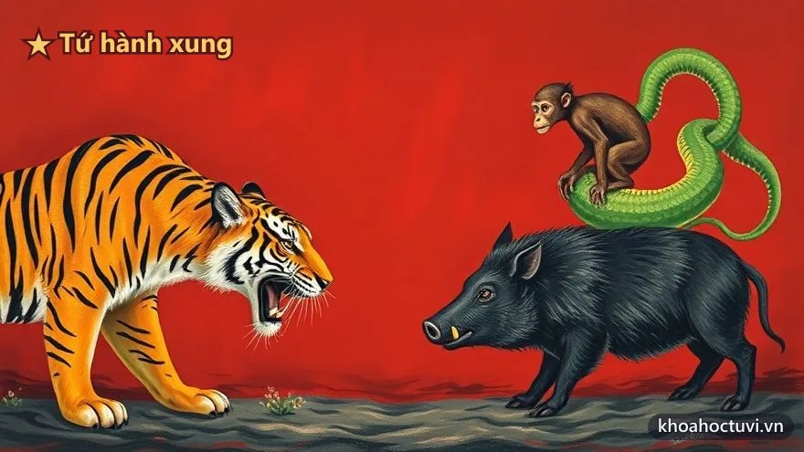 Hổ, Khỉ, Rắn và Lợn đối đầu căng thẳng trên nền trời đỏ — bộ tứ hành xung Dần Thân Tỵ Hợi