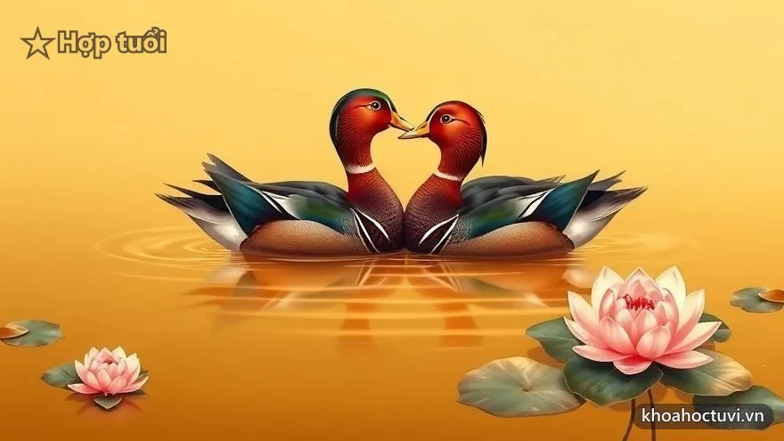 Đôi uyên ương bơi sánh đôi bên hoa sen trên mặt hồ vàng — biểu tượng hôn nhân hòa hợp