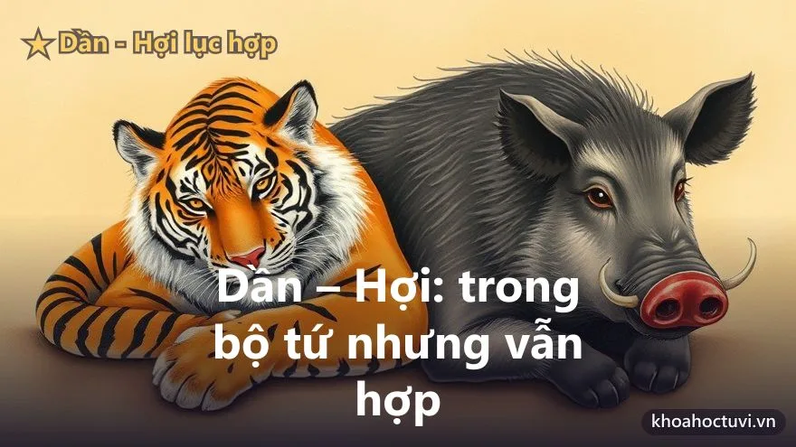 Hổ và Lợn nằm cạnh nhau hòa thuận trên nền vàng ấm — cặp Dần Hợi lục hợp dù chung bộ tứ hành xung