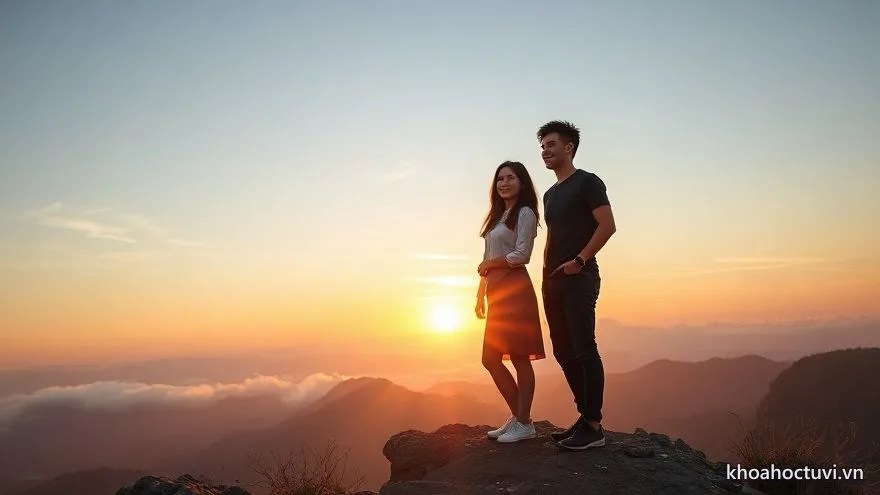 Vợ chồng tuổi Dần sánh vai trên đỉnh núi đón bình minh