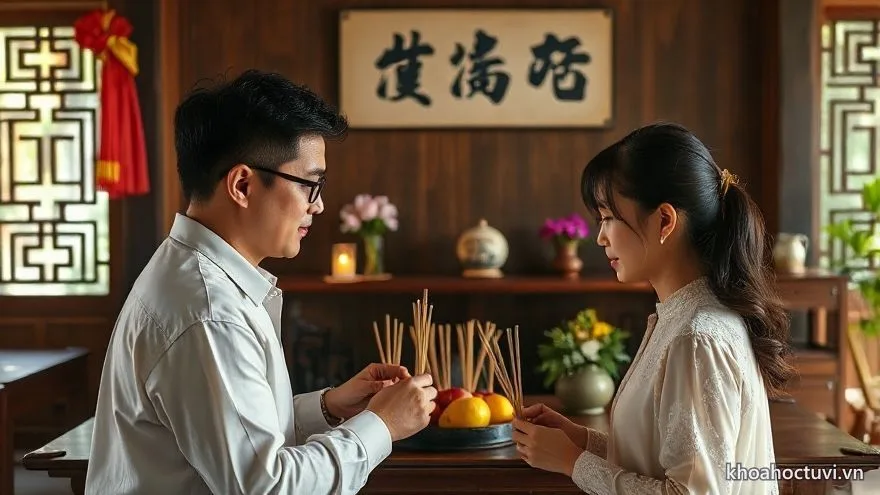 Vợ chồng thắp hương trước bàn thờ gia tiên — hóa giải khi tuổi Dần cưới người xung tuổi