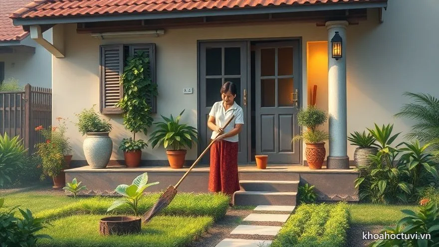 Người vợ tuổi Dậu quét dọn khoảnh vườn trước hiên nhà lúc sáng sớm
