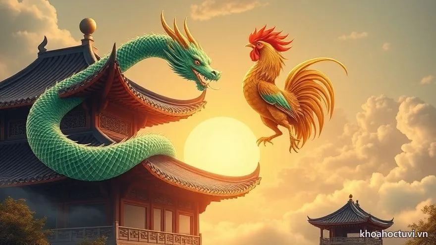 Rồng ngọc uốn quanh mái đình cong nơi gà vàng cất tiếng gáy đón bình minh — lục hợp Thìn Dậu