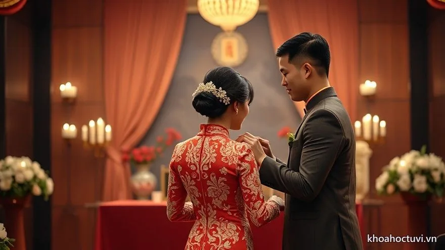 Chú rể chỉnh lại vạt áo dài cho cô dâu tuổi Dậu trước bàn thờ gia tiên