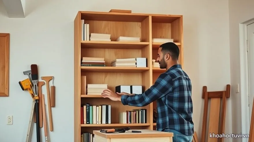 Người chồng tuổi Dậu tỉ mẩn đóng kệ sách cho căn nhà mới, dụng cụ xếp ngay ngắn
