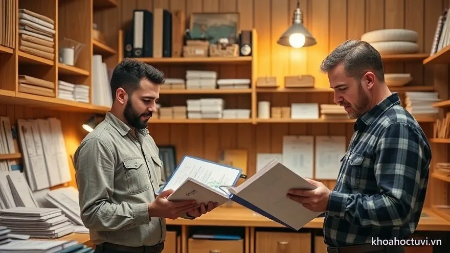 Hai đối tác rà soát sổ sách và biểu đồ trong xưởng gỗ nhỏ gọn gàng