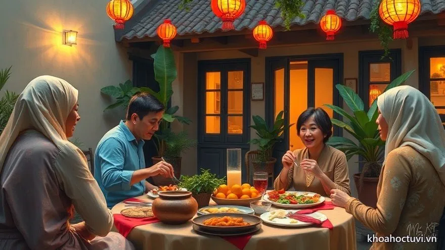 Vợ chồng tuổi Hợi dọn mâm cơm đãi khách trong sân nhà rộn tiếng cười