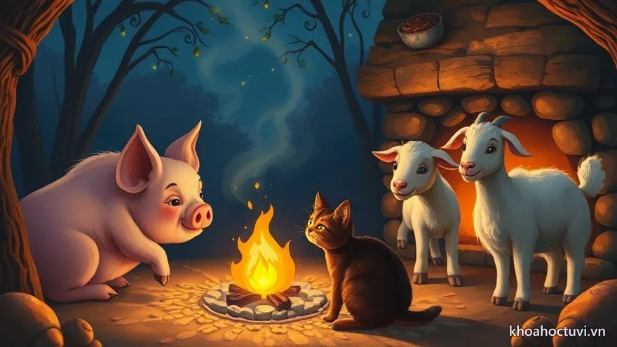 Lợn, mèo và dê quây quần bên bếp lửa hồng trong đêm — tam hợp Hợi Mão Mùi