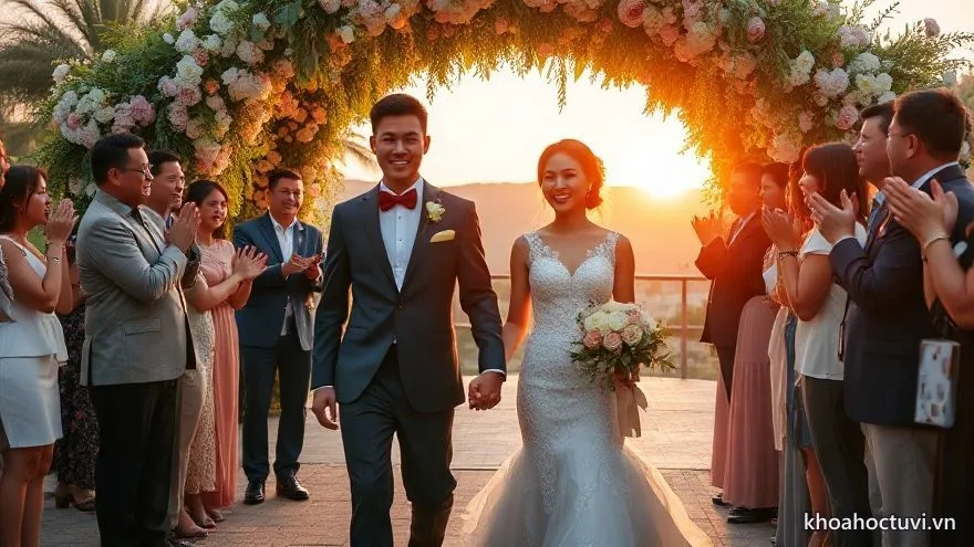 Cô dâu chú rể tuổi Hợi nắm tay đi qua cổng hoa trong tiếng vỗ tay của hai họ