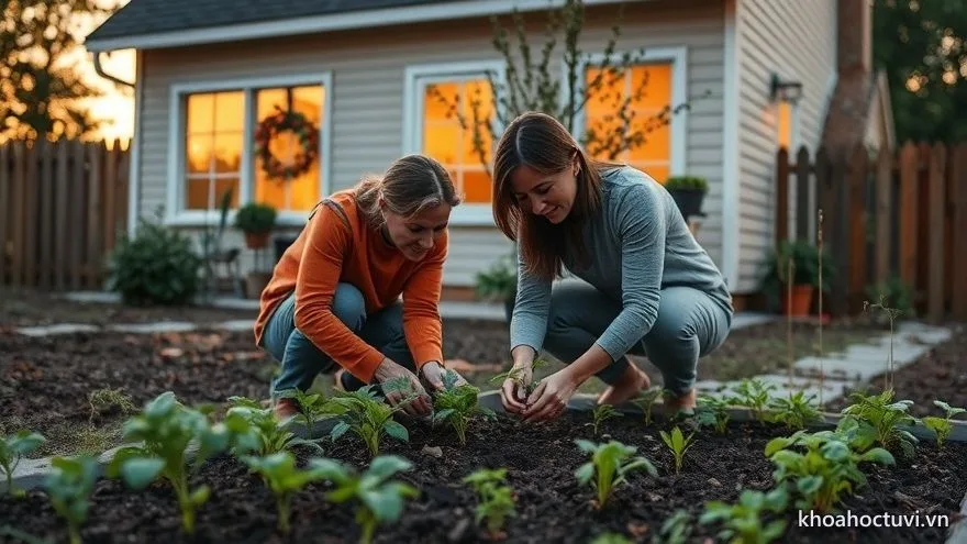 Đôi bạn đời lúi húi gieo rau trong mảnh vườn nhỏ sau nhà lúc chiều xuống