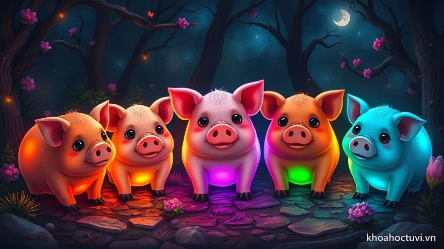 Đàn lợn tròn trịa mỗi con tỏa một vầng sáng khác màu trong vườn đêm — nạp âm tuổi Hợi theo năm sinh