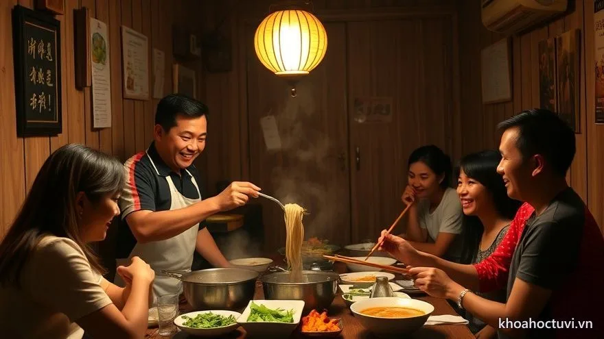 Quán ăn nhỏ đông khách với chủ quán niềm nở bên nồi nước dùng nghi ngút khói