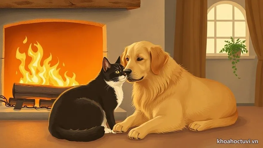 Mèo và chó cuộn tròn bên lò sưởi ấm — lục hợp Mão Tuất
