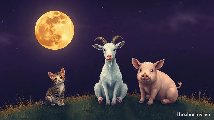 Mèo, dê và lợn quây quần trên đồi trăng — tam hợp Hợi Mão Mùi