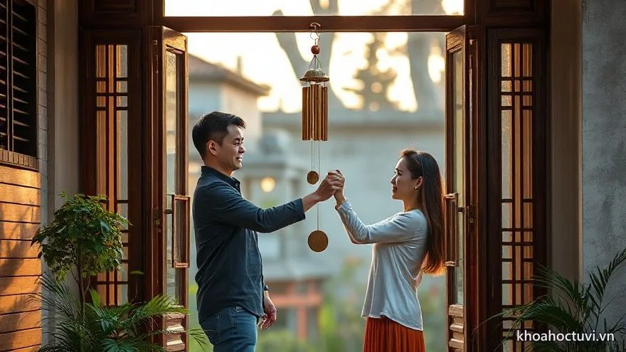 Vợ chồng treo chuông gió trước hiên nhà — hóa giải phong thủy khi tuổi Mão lệch tuổi bạn đời