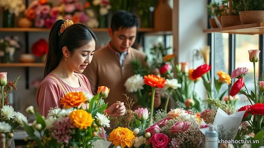Vợ chồng tuổi Mão cùng chăm chút tiệm hoa nhỏ
