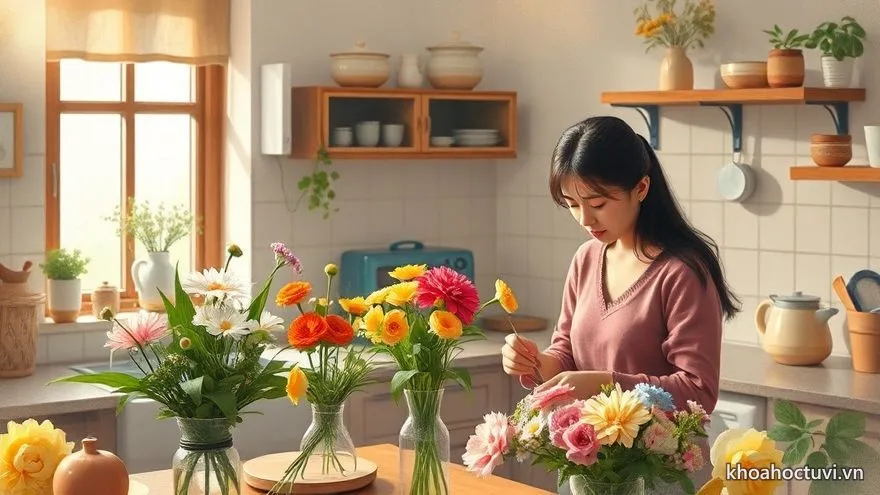 Vợ chồng tuổi Mùi cùng cắm hoa trong căn bếp ấm áp