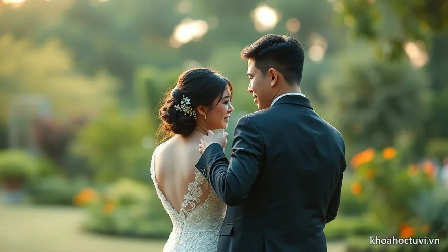 Chú rể trao cô dâu tuổi Mùi ánh nhìn dịu dàng trong lễ cưới ngoài vườn