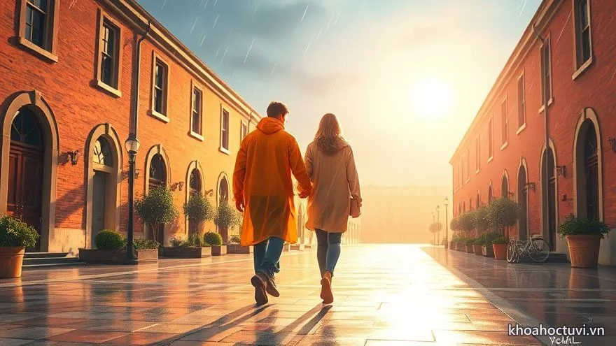 Đôi vợ chồng nắm tay nhau đi qua phố sau cơn giông, nắng bừng cuối đường