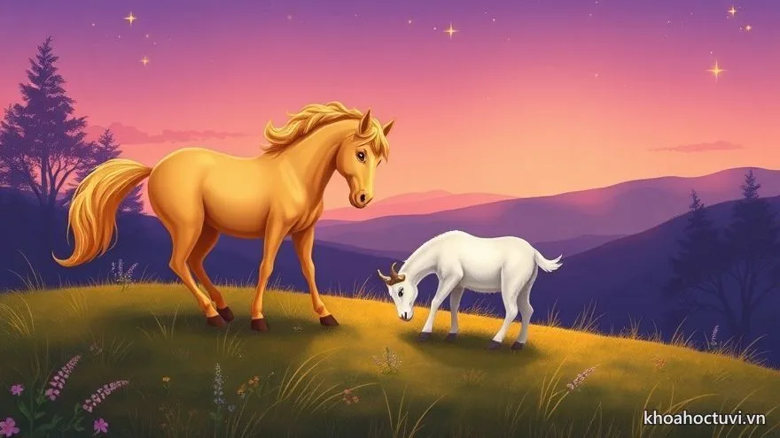 Ngựa vàng và dê trắng thong dong trên đồi cỏ hoàng hôn — lục hợp Ngọ Mùi